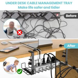 Under Desk Cable Management Tray 1 Pack, 15.7'' No Drill Under Desk Cable Organizer with 8 Color Cable Labels, Steel Cable Management Tray for Office Desks, Black