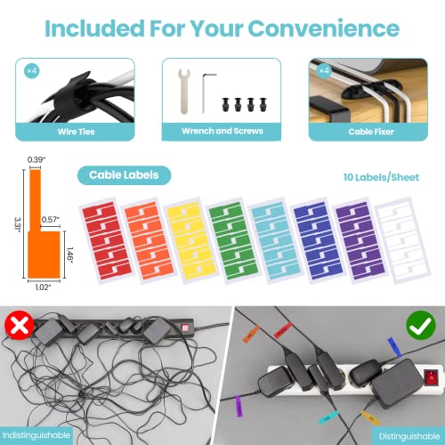 Under Desk Cable Management Tray 1 Pack, 15.7'' No Drill Under Desk Cable Organizer with 8 Color Cable Labels, Steel Cable Management Tray for Office Desks, Black