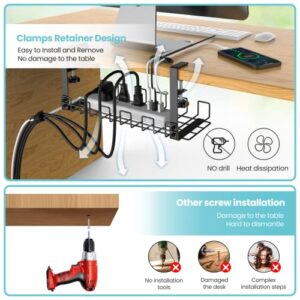 Under Desk Cable Management Tray 1 Pack, 15.7'' No Drill Under Desk Cable Organizer with 8 Color Cable Labels, Steel Cable Management Tray for Office Desks, Black