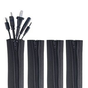 zipper cable sleeve by wrap-it storage - 24" x 4" (4-pack) black - cord organizer and cable protector for desk, computer, tv cord management to hide and cover wire and extension cables