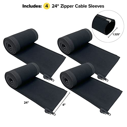 Zipper Cable Sleeve by Wrap-It Storage - 24" x 4" (4-Pack) Black - Cord Organizer and Cable Protector for Desk, Computer, TV Cord Management to Hide and Cover Wire and Extension Cables