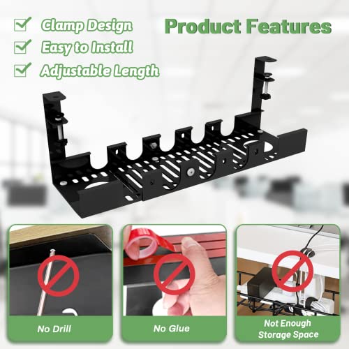 Under Desk Cable Management Tray - Cord Organizer for Desk, with Clamp Mount System for Wire Management for Office and Home, No Need to Drill Holes