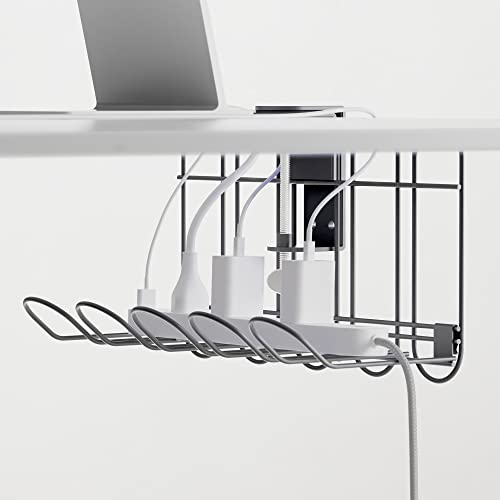 CarryUp - Desk Cable Management Under Desk Tray Cord Organizer for Desk Hider Basket Rack Organizer Computer Cord Organizer Wires clamp No Drill As Seen On Kickstarter (Grey, Powder Coated Metal)