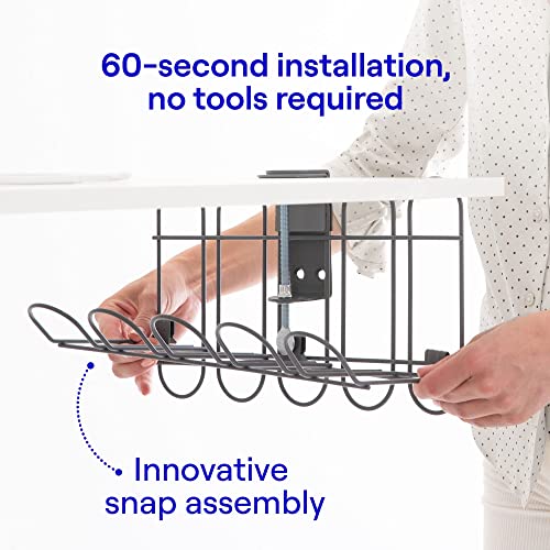 CarryUp - Desk Cable Management Under Desk Tray Cord Organizer for Desk Hider Basket Rack Organizer Computer Cord Organizer Wires clamp No Drill As Seen On Kickstarter (Grey, Powder Coated Metal)