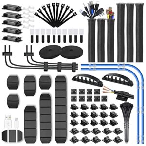 188 pcs cable management kit with cable sleeves,cable holders,zip tie mounts,self adhesive rolls,fastening tapes and cable ties,cord management for organizing desk,tv,car and office