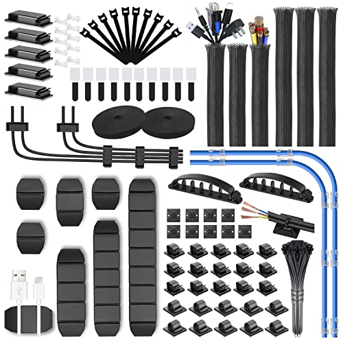 188 PCS Cable Management Kit with Cable Sleeves,Cable Holders,Zip Tie Mounts,Self Adhesive Rolls,Fastening Tapes and Cable Ties,Cord Management for Organizing Desk,TV,Car and Office