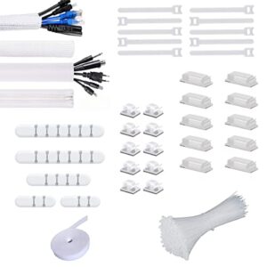 140pcs cable management organizer kit with cable sleeve split,self adhesive cable clip holder and tie, self-locking cable ties premium cord management kits for tv computer office home (white)