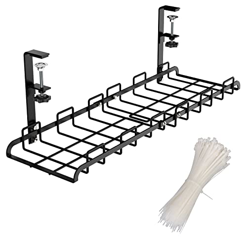 Under Desk Cable Management Tray, iSPECLE 21" Cable Management No Drill for Wire Management with Anti-Scratch Mats, Removable Desk Cable Management Tray with Clamp Mount for Office and Home