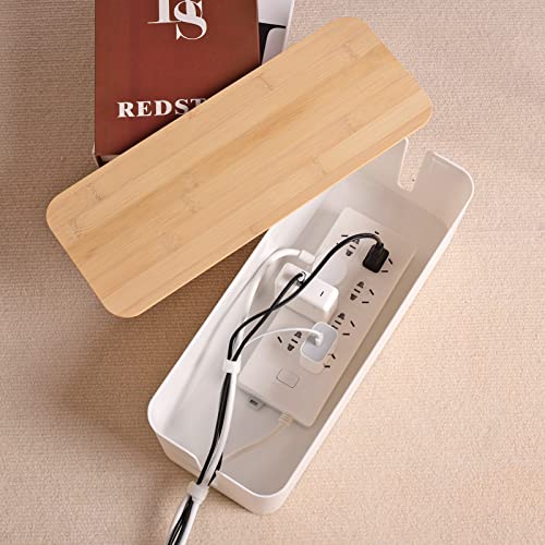 Cable Management Box - Wooden Style Large Cord Organizer Box to Hide Wires & Power Strips | Desk Computer Cable Organizer Box | Safe ABS Material |16" (L) x 6.2" (W) 5.3" (H)|for Home & Office - White