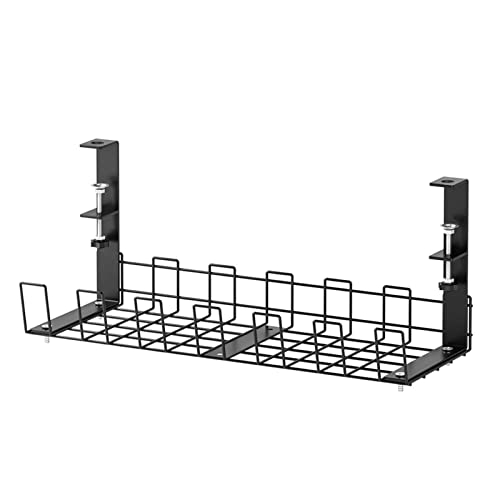 Cable Management Under Desk Tray, 15.35'' No Drill Iron Desk Wire Organizers, Wire Management Tray Cable Management Rack, Desk Cable Tray Desk Cord Organizer with Clamp Mount System and Screws