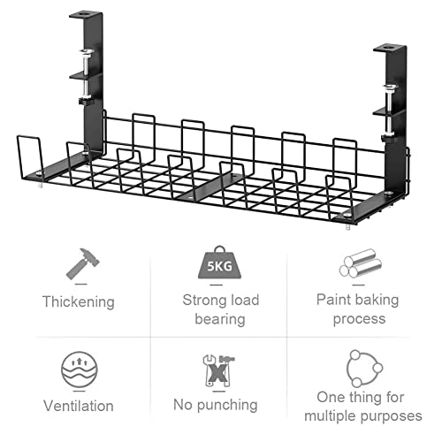 Cable Management Under Desk Tray, 15.35'' No Drill Iron Desk Wire Organizers, Wire Management Tray Cable Management Rack, Desk Cable Tray Desk Cord Organizer with Clamp Mount System and Screws