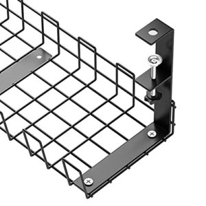 Cable Management Under Desk Tray, 15.35'' No Drill Iron Desk Wire Organizers, Wire Management Tray Cable Management Rack, Desk Cable Tray Desk Cord Organizer with Clamp Mount System and Screws