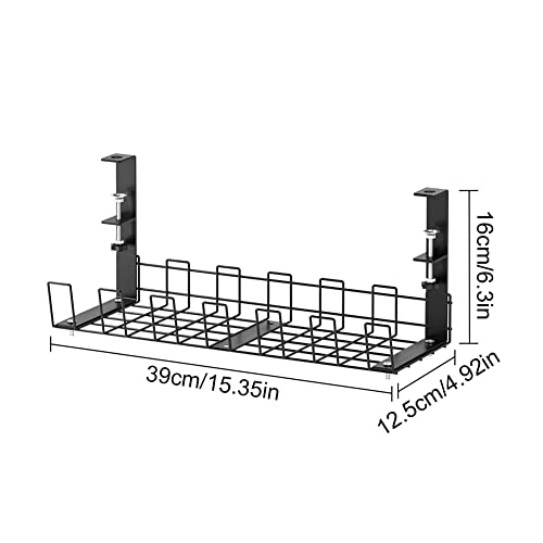 Cable Management Under Desk Tray, 15.35'' No Drill Iron Desk Wire Organizers, Wire Management Tray Cable Management Rack, Desk Cable Tray Desk Cord Organizer with Clamp Mount System and Screws