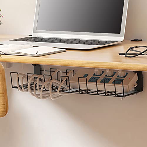 Cable Management Under Desk Tray, 15.35'' No Drill Iron Desk Wire Organizers, Wire Management Tray Cable Management Rack, Desk Cable Tray Desk Cord Organizer with Clamp Mount System and Screws