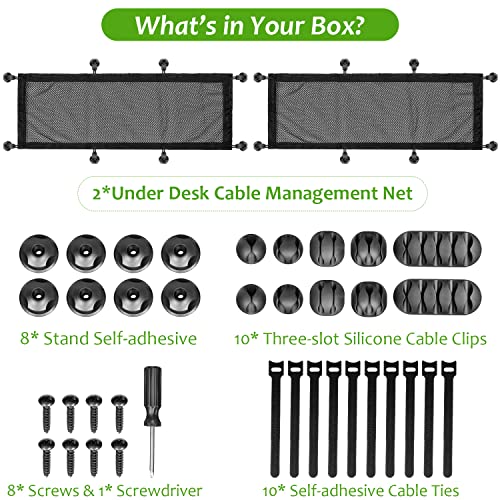 Under Desk Cable Management Net 2 Packs, 26'' x 10'' Flexible Under Desk Wire Cord Organizer Kit, Large Capacity Cord Hidden Stretch Mesh Cable Holder for Desks, Offices and Kitchens, Fits Most Tables