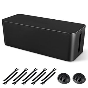cable management box, large cord organizer box to hide power strip & under desk,tv computer wires cable organizer hider box with cable clips&reusable cable ties for home/office(black)