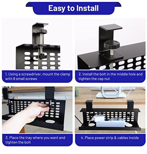 Under Desk Cable Management Tray, 16'' No Drill Cord Management Tray, Desk Accessory and Workspace Organizer for Cable Management