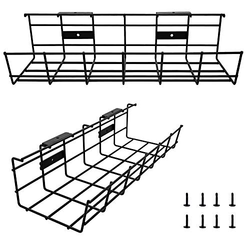 COYACOOL Under Desk Cable Management- 2 Pack Cord Organizer. Metal Wire Cable Management Tray for Office, Studio and Home. Super Sturdy Under Table Cable Management - Black Cable Organizer