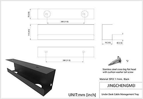 Jingchengmei Under Desk 17-Inch Cable Management Tray, Power Strip Holder, Metal Cord Organizer, Wire Management for Office and Home, Black (UDCMT17In, Black)