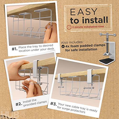 Under Desk Cable Management Tray with Clamps, No Drill Under Desk Cord Management, Desk Cable Organizer, Cable Management Under Desk - Set of 2 with Clamps