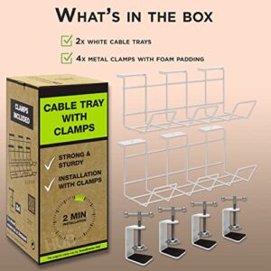 Under Desk Cable Management Tray with Clamps, No Drill Under Desk Cord Management, Desk Cable Organizer, Cable Management Under Desk - Set of 2 with Clamps