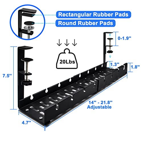 Kirkical Under Desk Cable Management Tray, No Drilling Cord Organizer with Clamp, Adjustable 14'' into 21.6'' Wire Management, High Capacity Sturdy Metal Wire Management for Office Home, Black