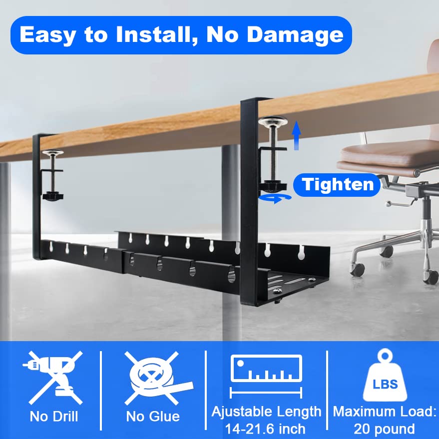 Kirkical Under Desk Cable Management Tray, No Drilling Cord Organizer with Clamp, Adjustable 14'' into 21.6'' Wire Management, High Capacity Sturdy Metal Wire Management for Office Home, Black