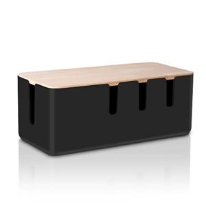 cable management box by baskiss, solid wood lid, cord organizer for desk tv computer usb hub system to cover and hide & power strips & cords (black, medium)
