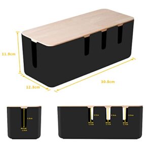 Cable Management Box by Baskiss, Solid Wood Lid, Cord Organizer for Desk TV Computer USB Hub System to Cover and Hide & Power Strips & Cords (Black, Medium)