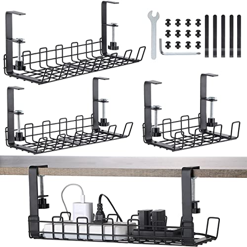 3 Pcs Under Desk Cable Management Tray with 5 Pcs Hook and Loop Strips 3 Sizes Desk Cable Organizer No Drill Wire Management Desk Metal Cord Organizer Black Cable Rack Cable Basket for Office and Home