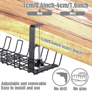 3 Pcs Under Desk Cable Management Tray with 5 Pcs Hook and Loop Strips 3 Sizes Desk Cable Organizer No Drill Wire Management Desk Metal Cord Organizer Black Cable Rack Cable Basket for Office and Home