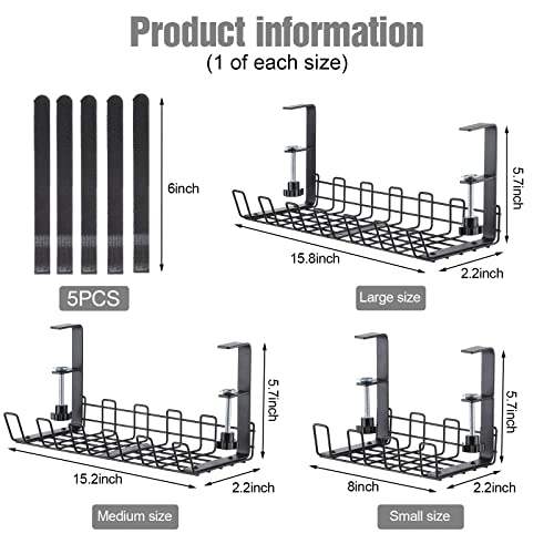 3 Pcs Under Desk Cable Management Tray with 5 Pcs Hook and Loop Strips 3 Sizes Desk Cable Organizer No Drill Wire Management Desk Metal Cord Organizer Black Cable Rack Cable Basket for Office and Home