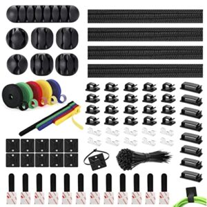 204pcs cord management organizer kit ,include 4 cable sleeve split with 45 self adhesive cable clips holder, 5 rolls and 30 pcs adhesive ties, 100 nylon fasten cable ties for tv office car desk home
