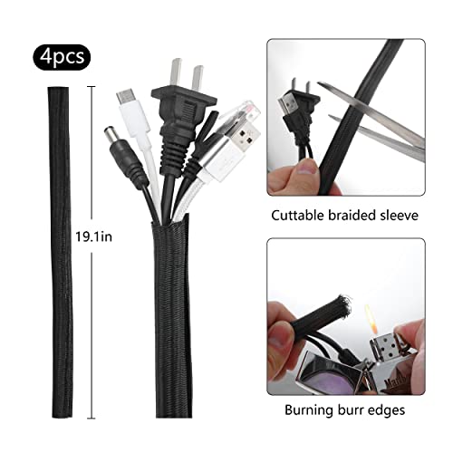 204pcs Cord Management Organizer Kit ,include 4 Cable Sleeve Split with 45 Self Adhesive Cable Clips Holder, 5 Rolls and 30 pcs Adhesive Ties, 100 Nylon Fasten Cable Ties for TV Office Car Desk Home