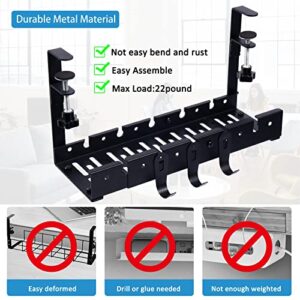 Under Desk Cable Management Tray Kit, Retractable Wire Organizer for Desk, No Drill Cable Tray Basket with 3 Separable Hooks for Bags, Cord Management Rack for Home Office