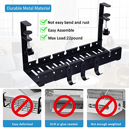 Under Desk Cable Management Tray Kit, Retractable Wire Organizer for Desk, No Drill Cable Tray Basket with 3 Separable Hooks for Bags, Cord Management Rack for Home Office