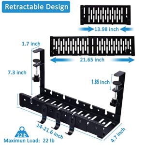 Under Desk Cable Management Tray Kit, Retractable Wire Organizer for Desk, No Drill Cable Tray Basket with 3 Separable Hooks for Bags, Cord Management Rack for Home Office