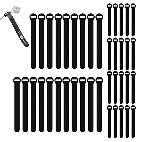 Self-Gripping Cable Ties by Wrap-It Storage, Black, 40 Pack (5 Inch and 8 Inch Straps) – Reusable Hook and Loop Cord Organizer Cable Ties for Cord Management and Desk or Office Organization