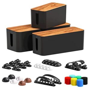 cable management box 3 pack with 16 cable clips set-large & medium & small wooden style cable organizer box to hide wires&power strips | cord organizer box | cable organizer for home & office [black]