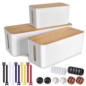 3 pack cable management box with 18 pcs cable management set - large & medium & small wooden grain cable organizer box to hide wires & power strips | tv cord organizer box | for home & office(white)