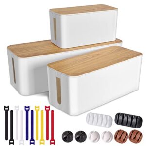 3 Pack Cable Management Box with 18 PCS Cable Management Set - Large & Medium & Small Wooden Grain Cable Organizer Box to Hide Wires & Power Strips | TV Cord Organizer Box | for Home & Office(White)