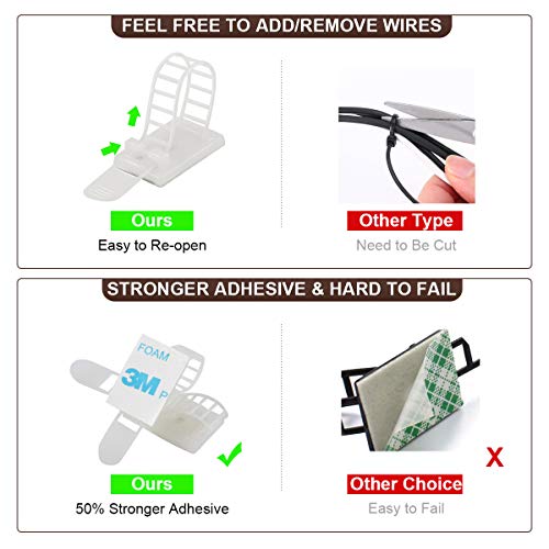 Adhesive Cable Management Clips, 50Pcs Adjustable Nylon Cable Strap Ties Wire Clips Clamps Organizer with Strong Adhesive Tape, Extra Screw & Hole for Strong Fixation Home Office - 3.35 Inch White