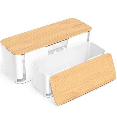 Cable Management Box, Bamboo Lid Cable Organizer Box to Hide Power Strip and Wires, Stylish Cord Wire Organizer Box for Home Office, Set of 2 Cord Hider Box, White