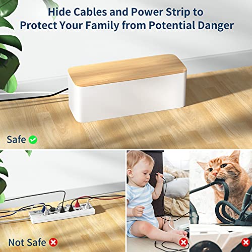 Cable Management Box, Bamboo Lid Cable Organizer Box to Hide Power Strip and Wires, Stylish Cord Wire Organizer Box for Home Office, Set of 2 Cord Hider Box, White