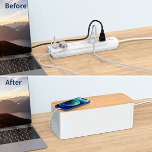 Cable Management Box, Bamboo Lid Cable Organizer Box to Hide Power Strip and Wires, Stylish Cord Wire Organizer Box for Home Office, Set of 2 Cord Hider Box, White