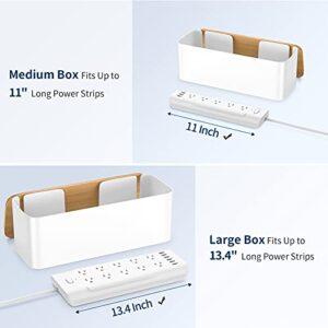 Cable Management Box, Bamboo Lid Cable Organizer Box to Hide Power Strip and Wires, Stylish Cord Wire Organizer Box for Home Office, Set of 2 Cord Hider Box, White