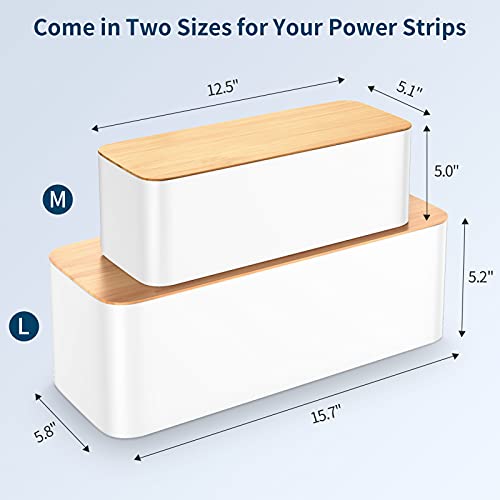 Cable Management Box, Bamboo Lid Cable Organizer Box to Hide Power Strip and Wires, Stylish Cord Wire Organizer Box for Home Office, Set of 2 Cord Hider Box, White