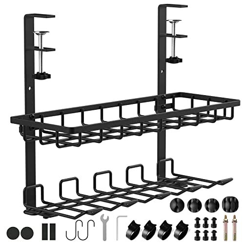 Under Desk Cable Management Tray, 2-Layer Cable Management Under Desk Tray with Cable Clips, No Drill High Capacity Cord Organizer with Clamp, Multipurpose Metal Cable Tray Basket for Office Home