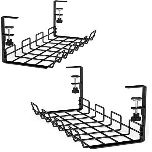 No Drill Under Desk Cable Management Tray, 2 Pack Cable Management Clamp to Desk Cable Rack Under Desk Cord Organizer, Sturdy Metal Cable Tray Basket for Office and Home Standing Desk