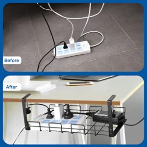 No Drill Under Desk Cable Management Tray, 2 Pack Cable Management Clamp to Desk Cable Rack Under Desk Cord Organizer, Sturdy Metal Cable Tray Basket for Office and Home Standing Desk